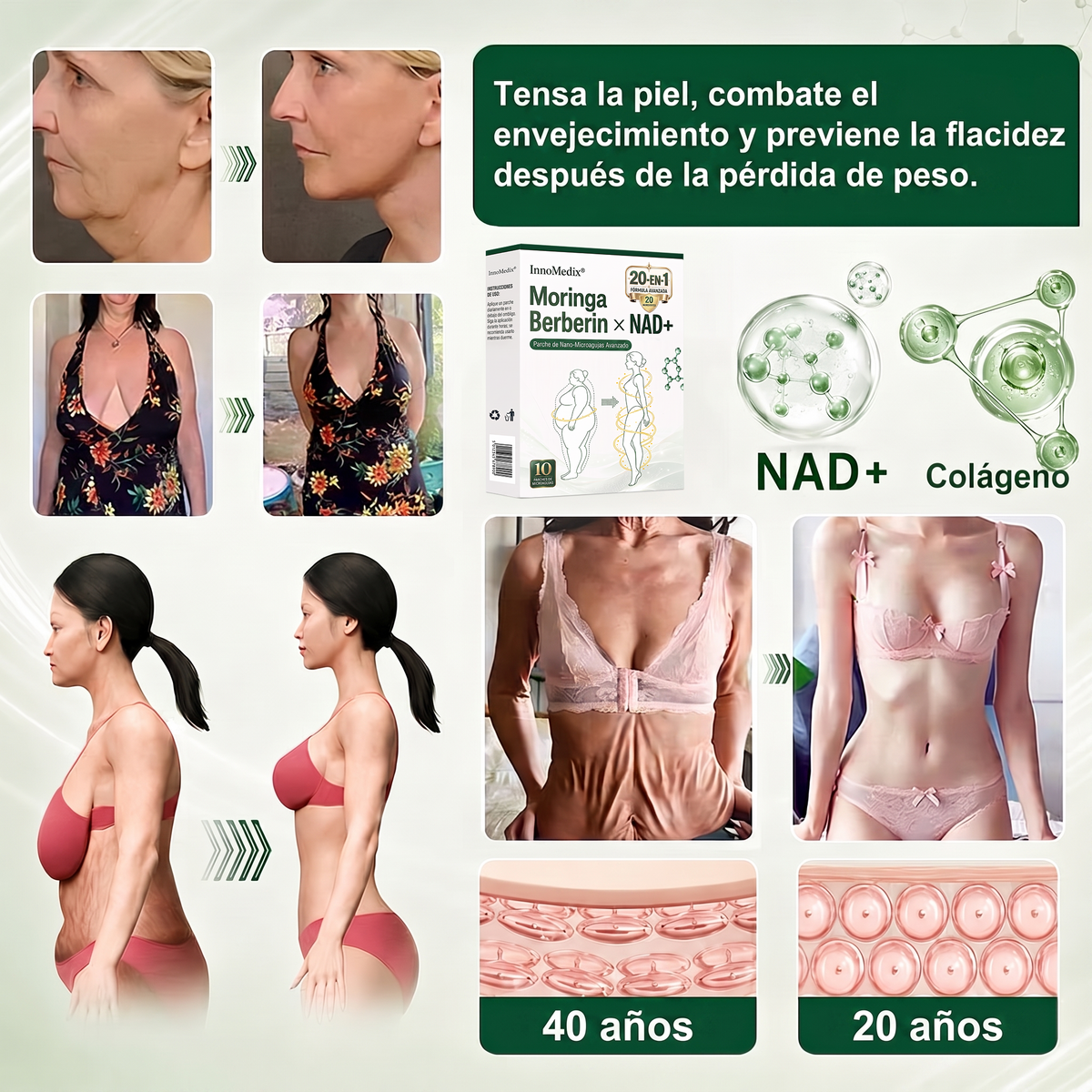 InnoMedix® Moringa Berberina x NAD+ 20-EN-1 Parche Avanzado de Nano-Microagujas (Aplicar solo una vez al día – cambios visibles en tan solo 7 días.)（美国西语）