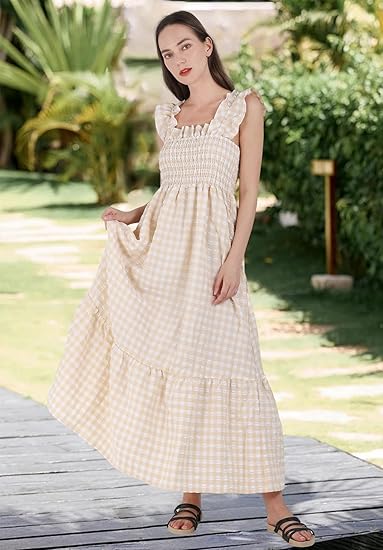 🗽🗽Women's Retro Plaid Smocked Dress Spaghetti Strap Flounce Long Dress